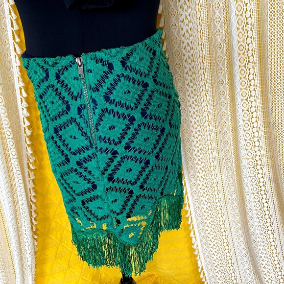 JUDITH MARCH Kelly Green Lace Crochet Fringe Skirt L - Maximalism - Picture 4 of 11